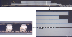 A cross section of the system-on-chip shows that the DRAM is stacked on top of the CPU and is impossible to sniff with conventional tools.